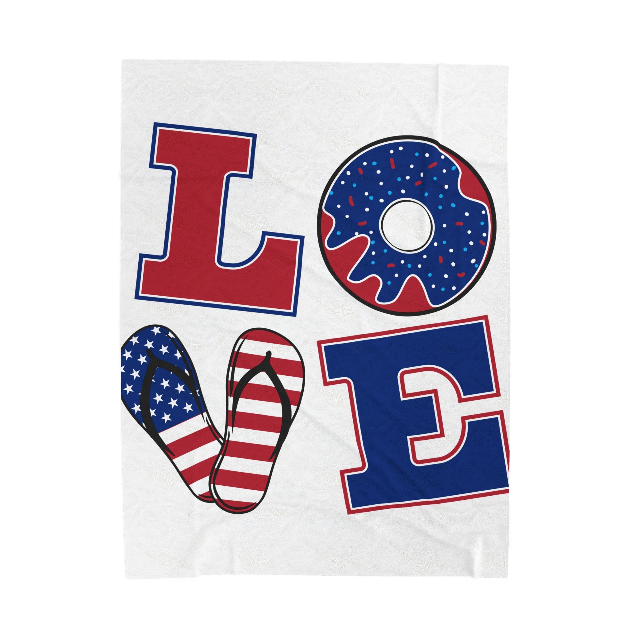Patriotic LOVE design Velveteen Plush Blanket | American flag flip flop donut letters