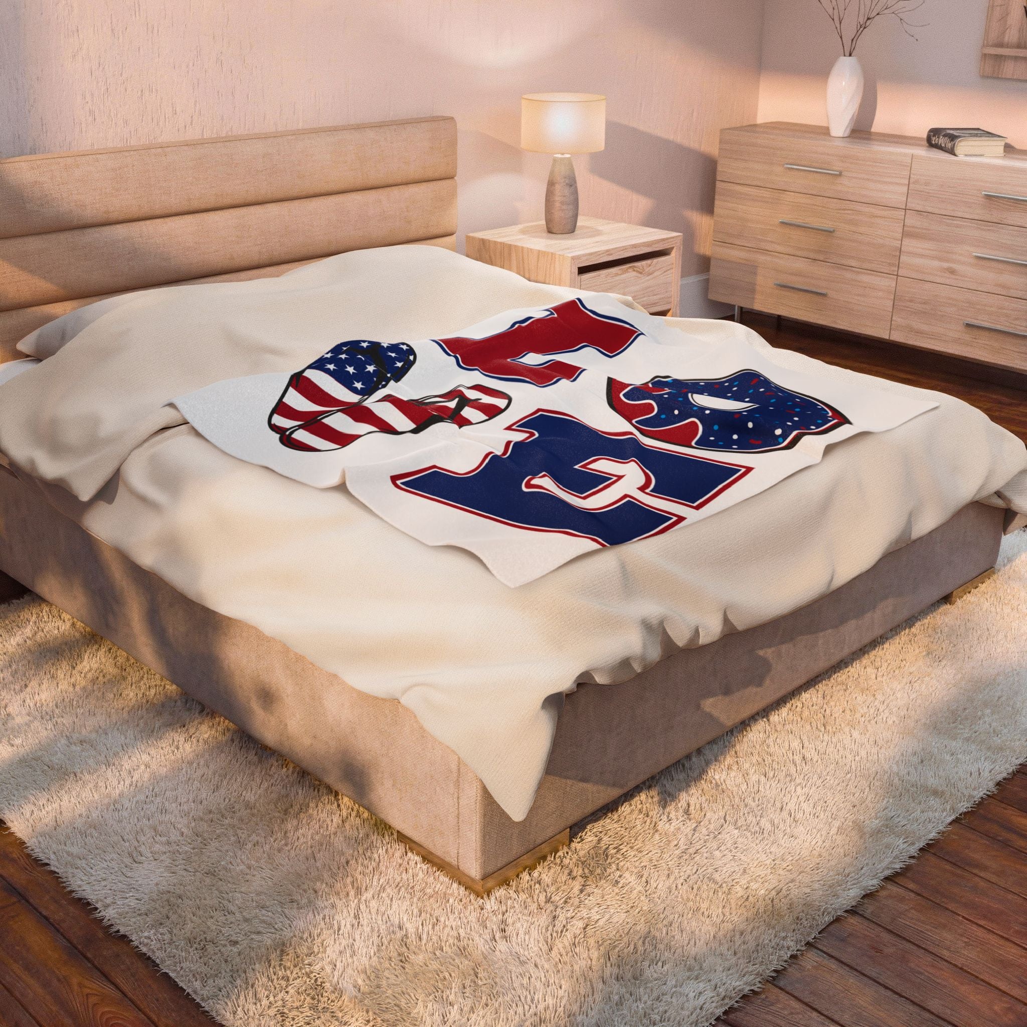 Patriotic LOVE design Velveteen Plush Blanket | American flag flip flop donut letters