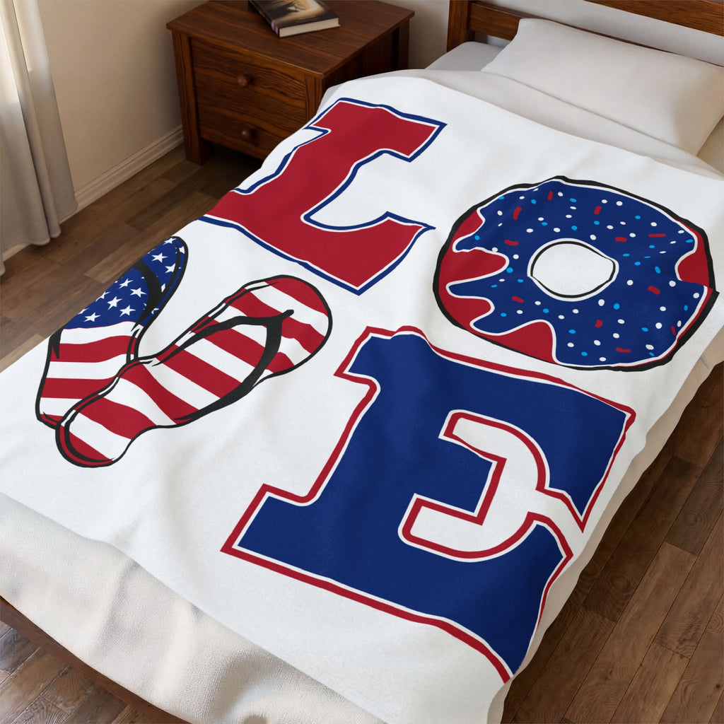Patriotic LOVE design Velveteen Plush Blanket | American flag flip flop donut letters