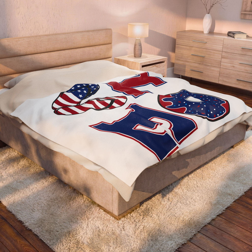 Patriotic LOVE design Velveteen Plush Blanket | American flag flip flop donut letters