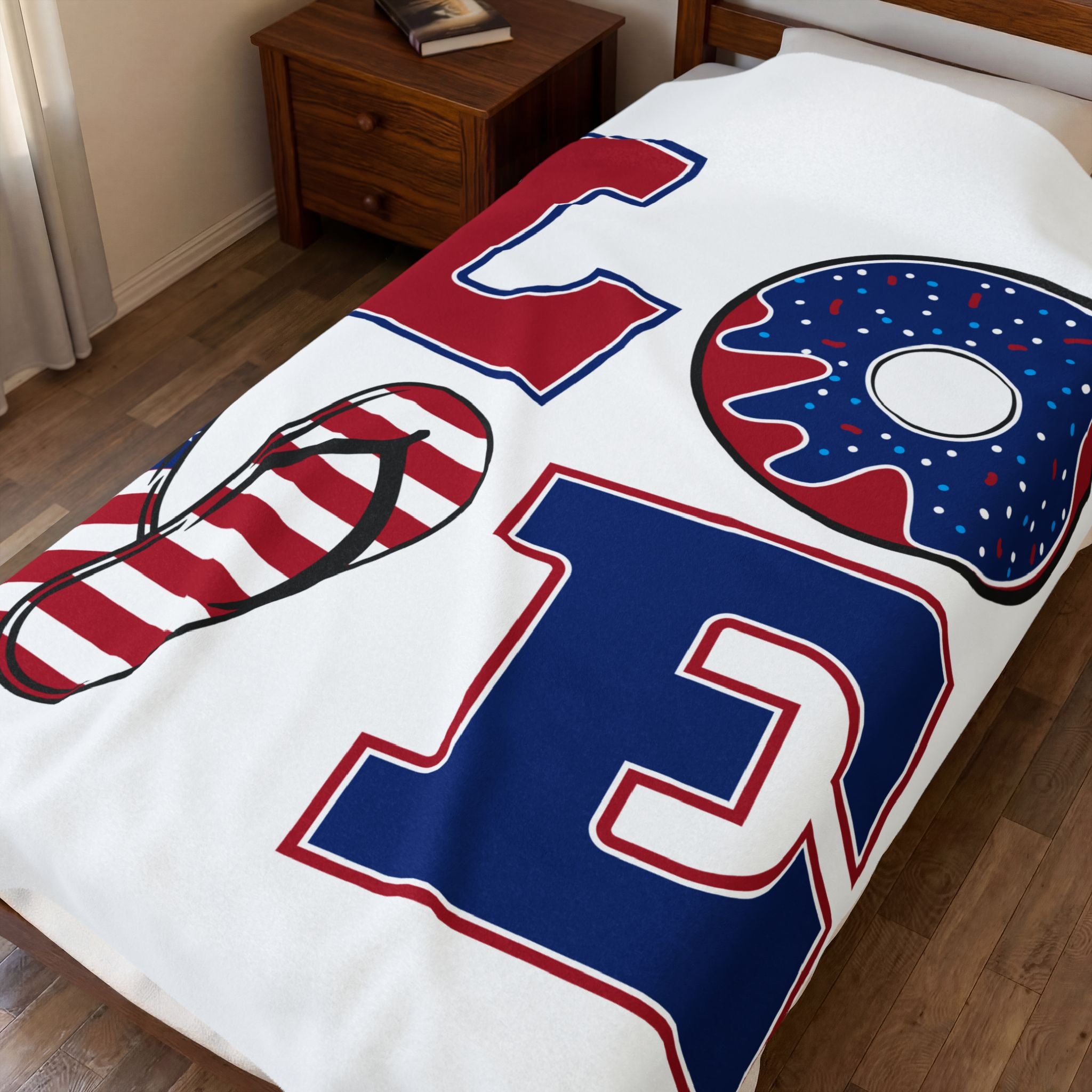 Patriotic LOVE design Velveteen Plush Blanket | American flag flip flop donut letters