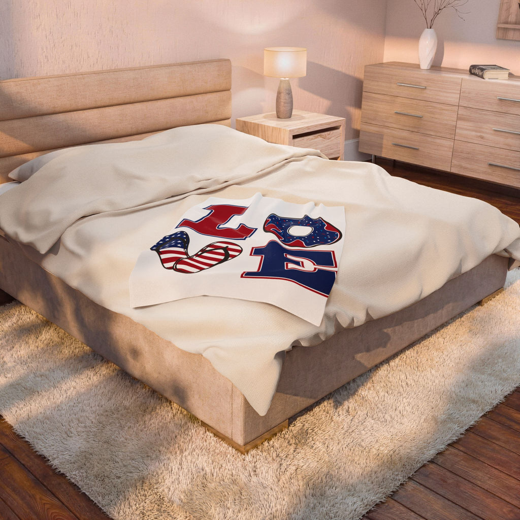 Patriotic LOVE design Velveteen Plush Blanket | American flag flip flop donut letters