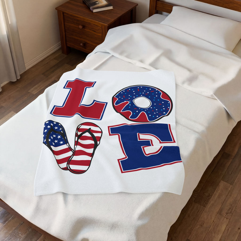 Patriotic LOVE design Velveteen Plush Blanket | American flag flip flop donut letters