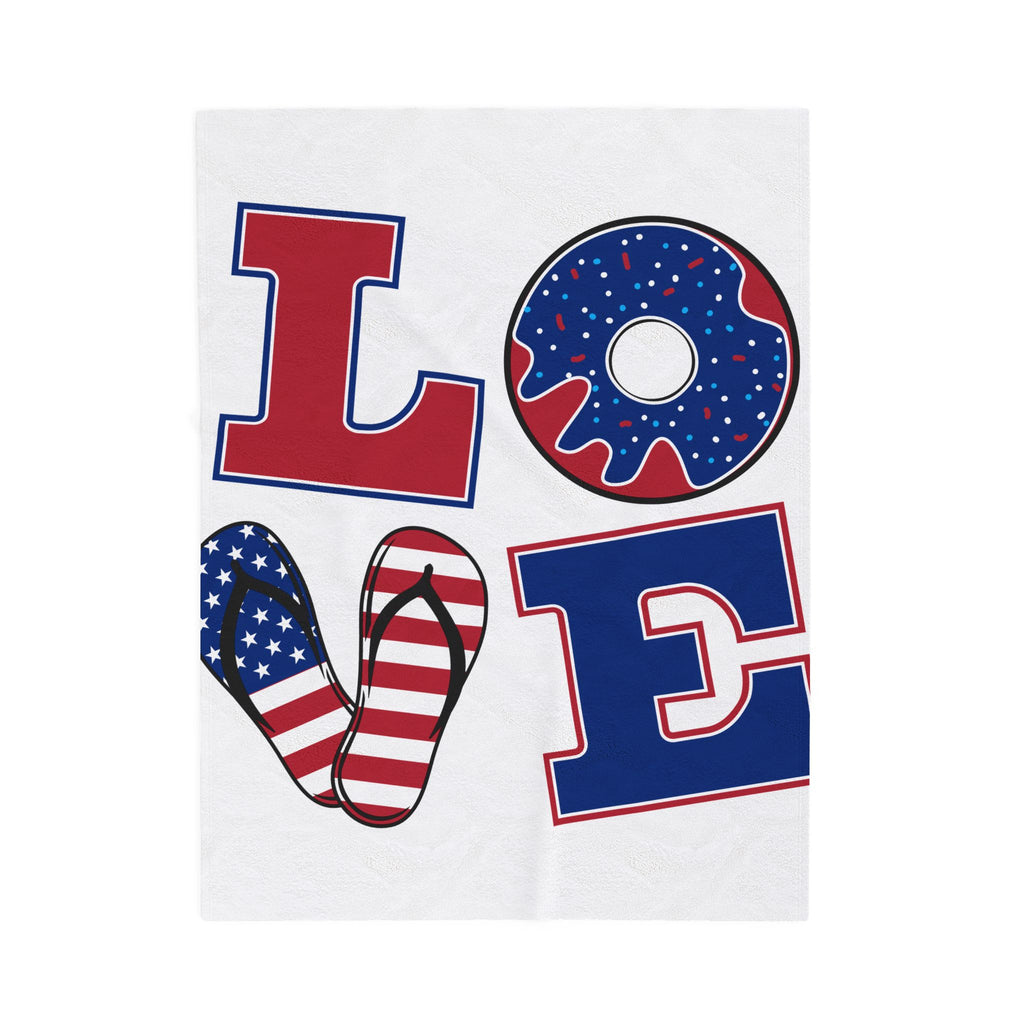 Patriotic LOVE design Velveteen Plush Blanket | American flag flip flop donut letters