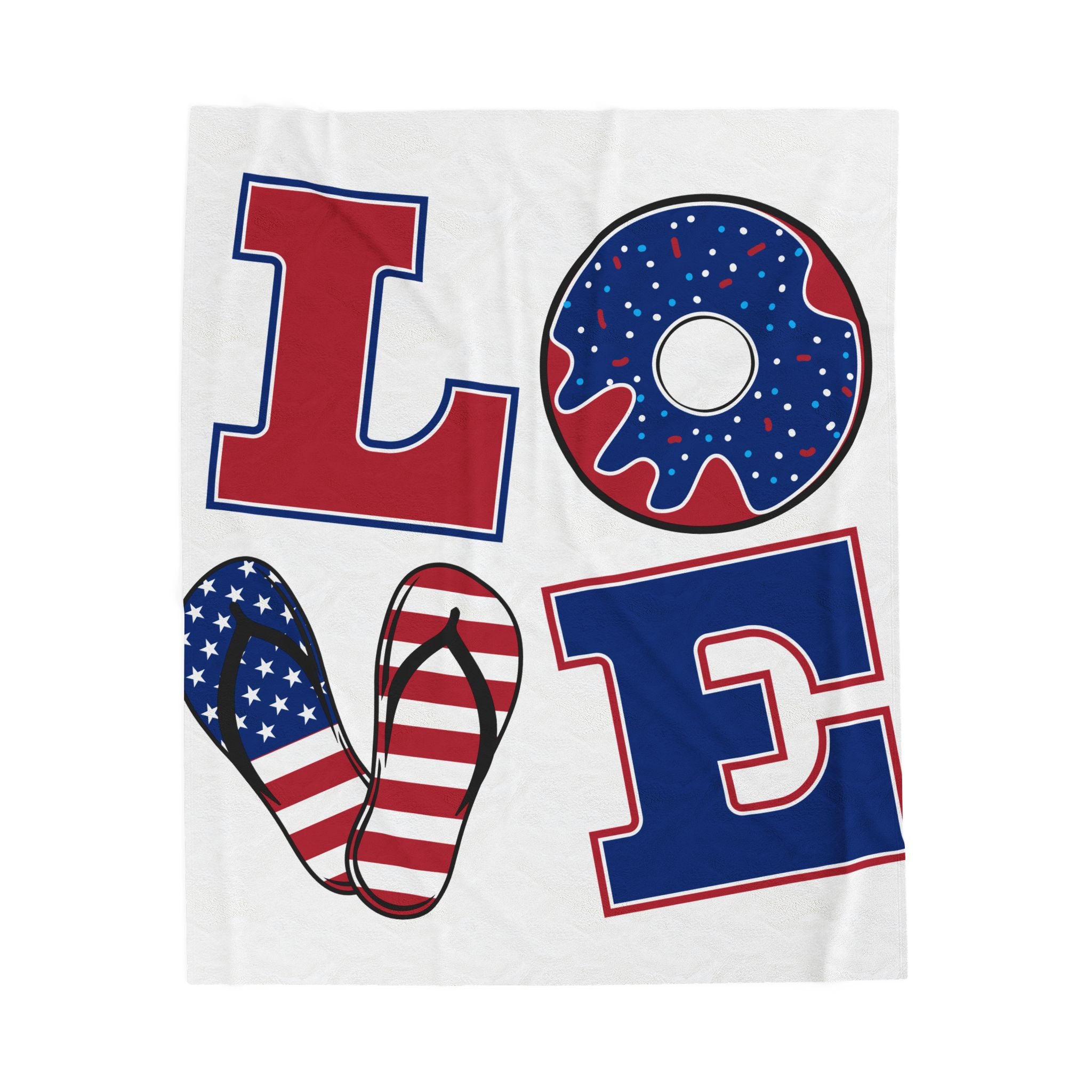 Patriotic LOVE design Velveteen Plush Blanket | American flag flip flop donut letters
